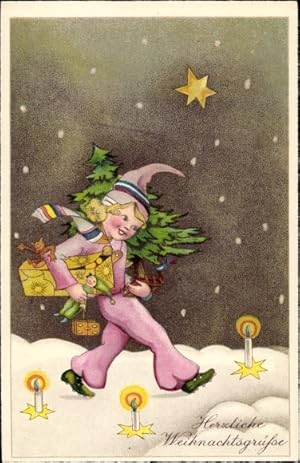 Ansichtskarte / Postkarte Glückwunsch Weihnachten, Junge mit Tannenbaum, Sterne, Kerzen, Lebkuchen