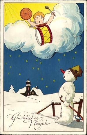 Ansichtskarte / Postkarte Glückwunsch Neujahr, Schneemann, Engel mit Trommel