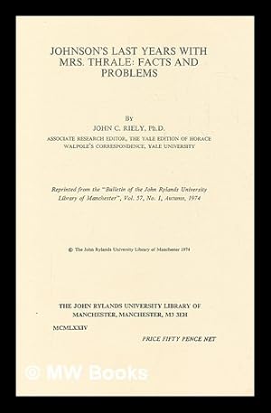 Seller image for Johnson's last years with Mrs. Thrale: facts and problems for sale by MW Books Ltd.