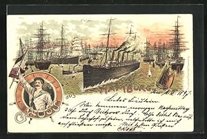 Lithographie Hamburg, Segelschiffe im Hafen, Matrose mit Flagge