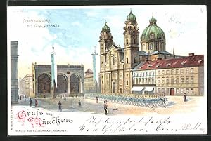 Lithographie München, Theatinerkirche mit Feldherrnhalle, Private Stadtpost