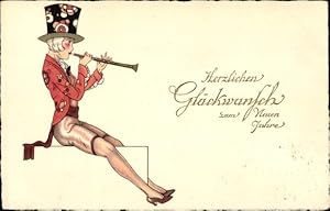 Ansichtskarte / Postkarte Glückwunsch Neujahr, Frau mit Zylinder und Flöte