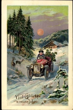 Präge Litho Glückwunsch Neujahr, Winterlandschaft, Automobil, Kleeblätter, Rehe - EAS 2446