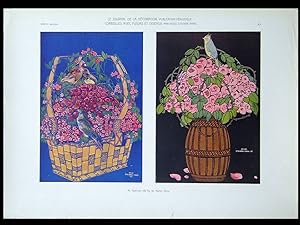 CORBEILLES FLEURS OISEAUX, STEINER PRAG -1908- PLANCHE, ART NOUVEAU, BASKETS WITH FLOWERS AND BIR...