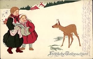 Ansichtskarte / Postkarte Glückwunsch Weihnachten, Mädchen, Reh, Winterlandschaft
