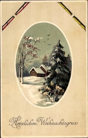 Präge Passepartout Ansichtskarte / Postkarte Frohe Weihnachten, Winterlandschaft, Haus, Flaggenbä...