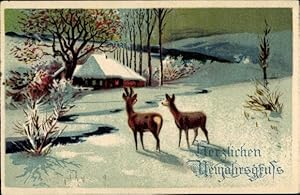 Ansichtskarte / Postkarte Glückwunsch Neujahr, Rehe, Winterlandschaft, Haus, Bäume