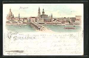Bild des Verkufers fr Lithographie Dresden, Altstadt aus der Vogelschau, Dampfer, Halt gegen das Licht: Lichter beginnen zu leuchten zum Verkauf von Bartko-Reher