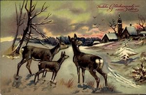 Präge Ansichtskarte / Postkarte Glückwunsch Neujahr, Rehe, Winterlandschaft, Dorf