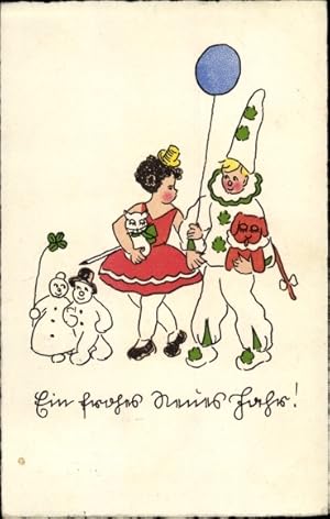 Bild des Verkufers fr Ansichtskarte / Postkarte Glckwunsch Neujahr, Harlekin, Mdchen, Schneemnner, Kleeblatt, Luftballon zum Verkauf von akpool GmbH