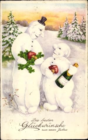 Ansichtskarte / Postkarte Glückwunsch Neujahr, Schneemänner, Sektflaschen, Glücksklee, Pilze