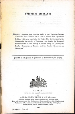 Immagine del venditore per Evictions ( Ireland ) Return of cases of Evictionsfrom Agricultural Holdings which have come to the Knowledge of the Constabulary in the quarter ended the 30th day of September 1886 venduto da Kennys Bookshop and Art Galleries Ltd.