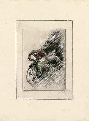"ENLÈVEMENT par un MOTOCYCLISTE" Dessin crayon noir rehaussé de rouge entoilé (daté 1923) Étude d...