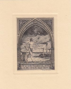 Seller image for Ex Libris M. Hirsch. In Spitzbogen Schmied, Fackel zum blitzezuckenden Himmel erhebend, dahinter drei rauchende Schlote. for sale by Antiquariat  Braun