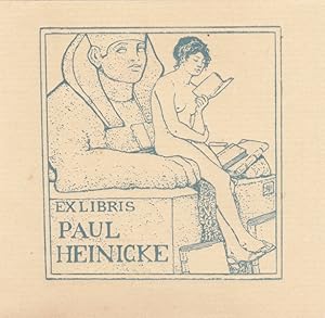 Seller image for Ex Libris Paul Heinicke. Zwischen Tatzen einer Sphinx sitzend lesender weiblicher Akt. for sale by Antiquariat  Braun