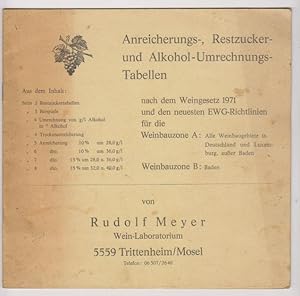 Anreicherungs-, Restzucker- und Alkohol-Umrechnungs-Tabellen nach dem Weingesetz 1971 und d. neue...