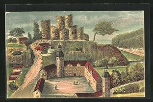 Bild des Verkufers fr Knstler-Ansichtskarte Bad Lobenstein, Burgruine mit dem 1601 erbauten und 1714 abgebrannten neuen Schloss zum Verkauf von Bartko-Reher