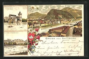 Imagen del vendedor de Lithographie Salzburg, Schloss Leopoldskron, Schloss Anif, Ortsansicht mit Kapuzinerberg a la venta por Bartko-Reher