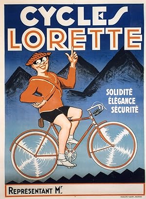"CYCLES LORETTE" Affiche originale entoilée Litho Publicité FLEURY Bourges (fin des années 20)