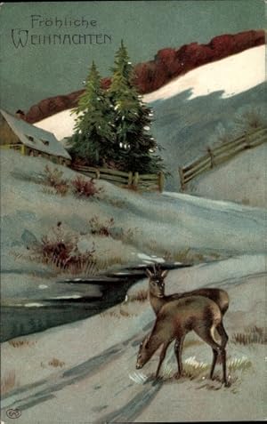 Ansichtskarte / Postkarte Frohe Weihnachten, Winterlandschaft, Rehe