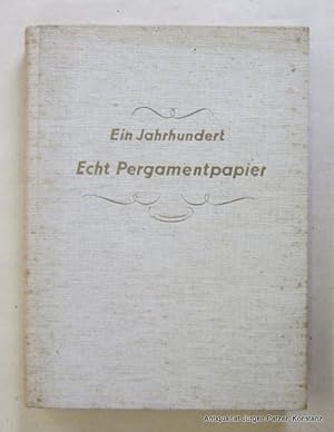 Imagen del vendedor de Ein Jahrhundert Echt Pergamentpapier. Emmerich am Rhein, Schleipen & Eichhorn, 1954. Mit 2 Falttafeln, 2 bedruckten Pergamentpapierproben sowie zahlreichen Illustrationen. 158 S., 1 Bl. Orig.-Leinenband;, Schnitt u. Rcken stockfleckig. a la venta por Jrgen Patzer