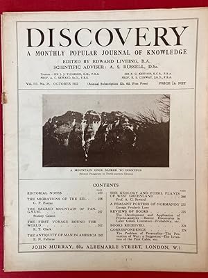 Bild des Verkufers fr Discovery. A Monthly Popular Journal of Knowledge. Volume 3, Number 34, October 1922. The Migrations of the Eel, The Sacred Mountain of Pangaeum. zum Verkauf von Plurabelle Books Ltd