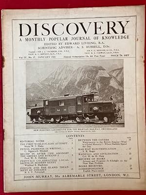 Bild des Verkufers fr Discovery. A Monthly Popular Journal of Knowledge. Volume 4, Number 37, January 1923. The First World Flight Attempt, Pencil Pigments in Writing, Rainfall and Civilisation. zum Verkauf von Plurabelle Books Ltd