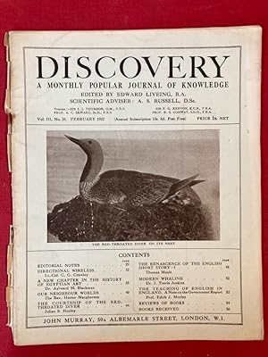 Bild des Verkufers fr Discovery. A Monthly Popular Journal of Knowledge. Volume 3, Number 26, February 1922. Directional Wireless, A New Chapter in the History of Egyptian Art. zum Verkauf von Plurabelle Books Ltd