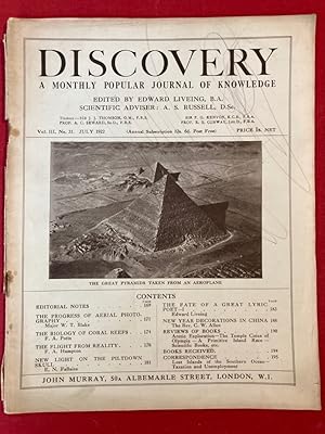 Image du vendeur pour Discovery. A Monthly Popular Journal of Knowledge. Volume 3, Number 31, July 1922. The Progress of Aerial Photography. The Biology of Coral Reefs. mis en vente par Plurabelle Books Ltd