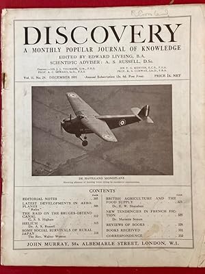 Image du vendeur pour Discovery. A Monthly Popular Journal of Knowledge. Volume 2, Number 24, December 1921. Latest Developments in Aeroplanes, The Raid on the Bruges-Ostend Canal. mis en vente par Plurabelle Books Ltd