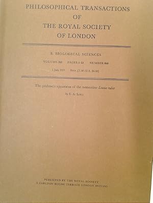 Seller image for The Proboscis Apparatus of the Nemertine Lineus Ruber. (Philosophical Transactions of the Royal Society of London. Series B, Biological Sciences, No 840, Vol 262, pp 1 - 22) for sale by Plurabelle Books Ltd