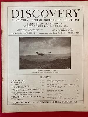 Bild des Verkufers fr Discovery. A Monthly Popular Journal of Knowledge. Volume 3, Number 35, November 1922. Gliding Flight, The Fear of Death. zum Verkauf von Plurabelle Books Ltd