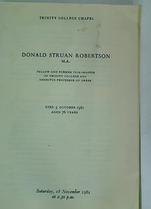 Bild des Verkufers fr Memorial Service for Donald Struan Robertson, Vice-Master of Trinity College. zum Verkauf von Plurabelle Books Ltd