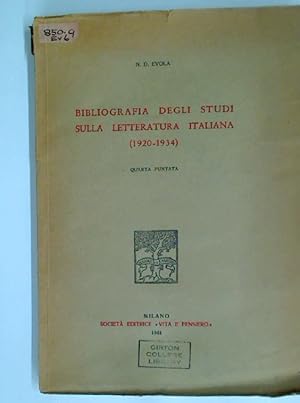 Bild des Verkufers fr Bibliografia degli studi sulla letteratura italiana (1920 - 1934), quarta puntata. zum Verkauf von Plurabelle Books Ltd