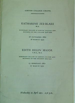 Seller image for Memorial Service for Katharine Jex-Blake, Mistress of Girton College. for sale by Plurabelle Books Ltd