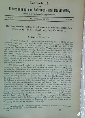 Seller image for Die hauptschlichsten Ergebnisse der wissenschaftlichen Forschung fr die Ernhrung des Menschen. (= Zeitschrift fr Untersuchung der Nahrungs- und Genussmittel, Vol 10, 15 Nov 1906) for sale by Plurabelle Books Ltd