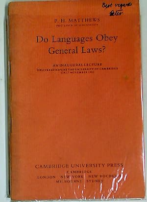 Bild des Verkufers fr Do Languages Obey General Laws? zum Verkauf von Plurabelle Books Ltd