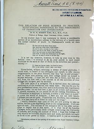 Bild des Verk�ufers f�r The Relation of Pure Science to Practice, With Special Reference to the Phenomena of Parasitism and Inheritance. Offprint. zum Verkauf von Plurabelle Books Ltd