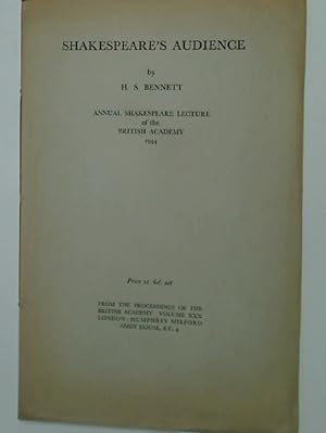 Bild des Verkufers fr Shakespeare's Audience. Offprint, Proceedings of the British Academy, Vol 30. zum Verkauf von Plurabelle Books Ltd