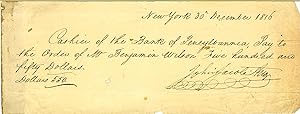 Seller image for JOHN JACOB ASTOR -- AMERICA S FIRST MILLIONAIRE WRITES A CHECK for sale by Gerard A.J. Stodolski, Inc.  Autographs