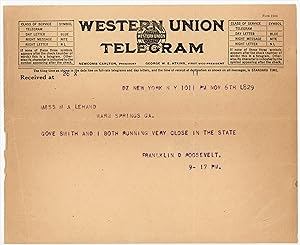 A 6 November 1928 telegram from future president Franklin D. Roosevelt to his essential aide, con...