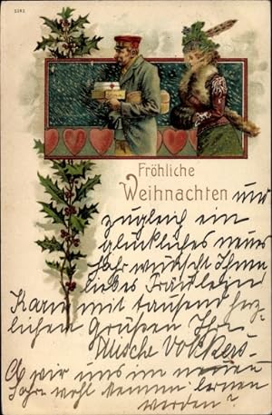 Präge Litho Glückwunsch Weihnachten, Portier mit Paketen, elegante Dame, Stechpalmenzweige