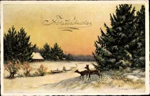 Ansichtskarte / Postkarte Glückwunsch Weihnachten, Winterlandschaft mit Rehen