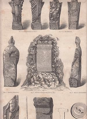 Römische Funde zu Alzey in Rheinhessen. 12 Abbildungen auf einem Blatt. Zeigt u.a.: Römischer Nym...