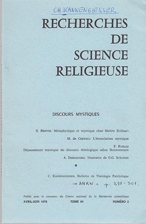 Immagine del venditore per Bulletin de Thologie Patristique. [Des: Recherches de Science Religieuse, Avril-Juin 1976, tome 64, Numer 2]. Discours Mystiques. venduto da Fundus-Online GbR Borkert Schwarz Zerfa