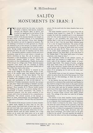 Seller image for Saljuq Monuments in Iran: 1. [From: Oriental Art, Vol. 18, No. 1, Spring 1972]. for sale by Fundus-Online GbR Borkert Schwarz Zerfa