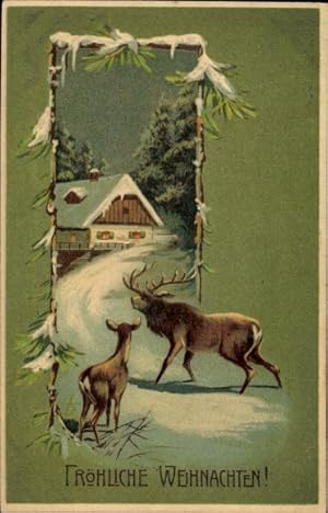 Ansichtskarte / Postkarte Frohe Weihnachten, Hirsche, verschneites Haus