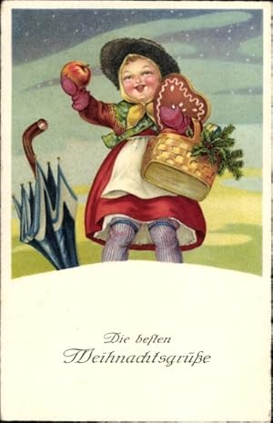 Ansichtskarte / Postkarte Frohe Weihnachten, Mädchen mit Lebkuchen und Apfel, Schirm
