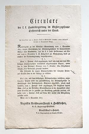 Circulare vom 5. Dezember 1817 zur Neuausgabe von Stempelzeichen/Stempelpapier zum 1.1.1818