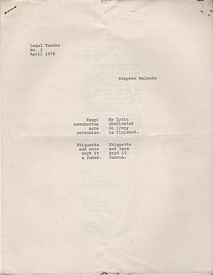Bild des Verkufers fr LEGAL TENDER - No. 2 - April 1978 zum Verkauf von Brian Cassidy Books at Type Punch Matrix